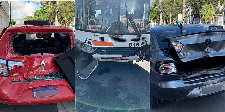 Ônibus sem freio bate em três carros no Cento de Maceió 