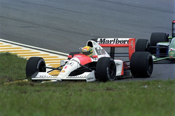SÃO PAULO, SP, BRASIL, 24-03-1991: Automobilismo - Fórmula 1 - GP do Brasil, 1991: o piloto brasileiro Ayrton Senna, pilota o carro da McLaren durante prova disputada no autódromo de Interlagos