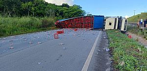 Carreta carregada de garrafas de vidro tomba e bloqueia rodovia, em São Miguel dos Campos