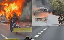 Ônibus e moto pegam fogo na marginal Pinheiros, em São Paulo